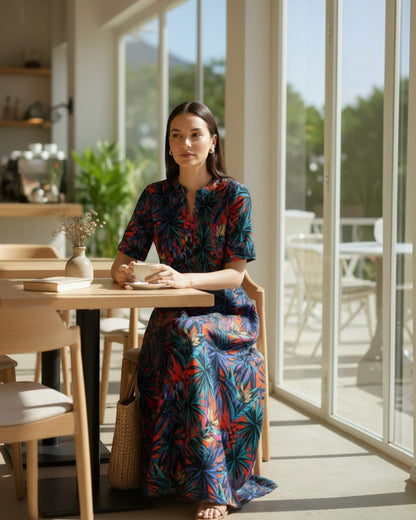 Sunset Long A-line Cotton Dress – Multicolor Print