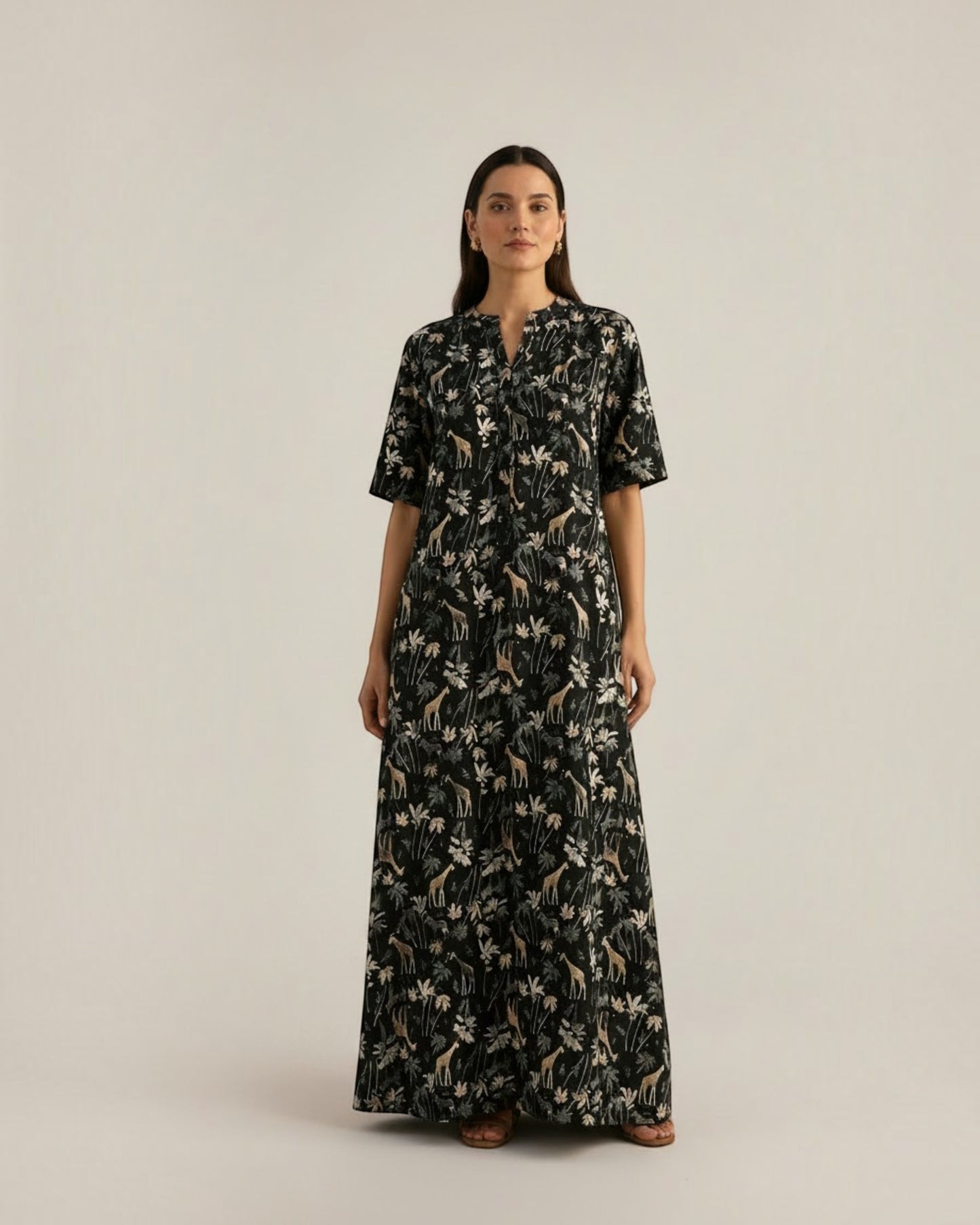 Reverie Long Length Cotton Dress – Black Print