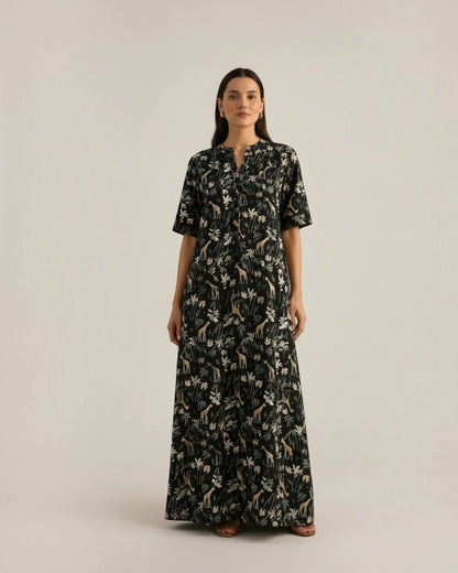 Reverie Long Length Cotton Dress – Black Print