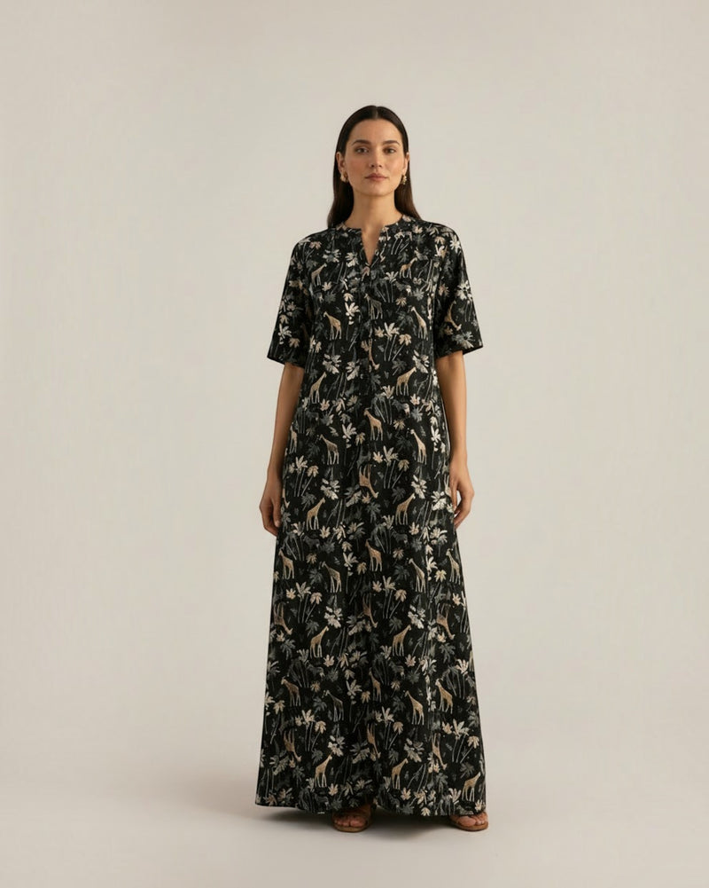 Reverie Long Length Cotton Dress – Black Print
