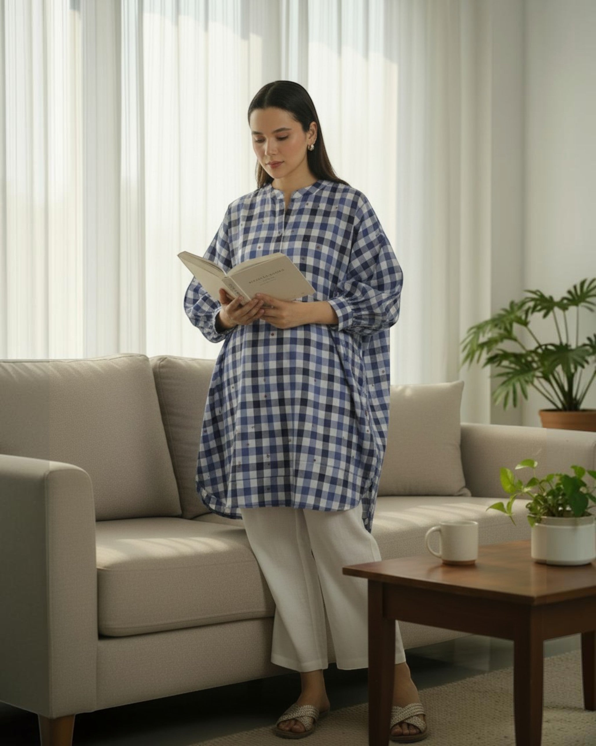 Gingham Balloon Oversized Cotton Coord Set – Indigo Checks Print