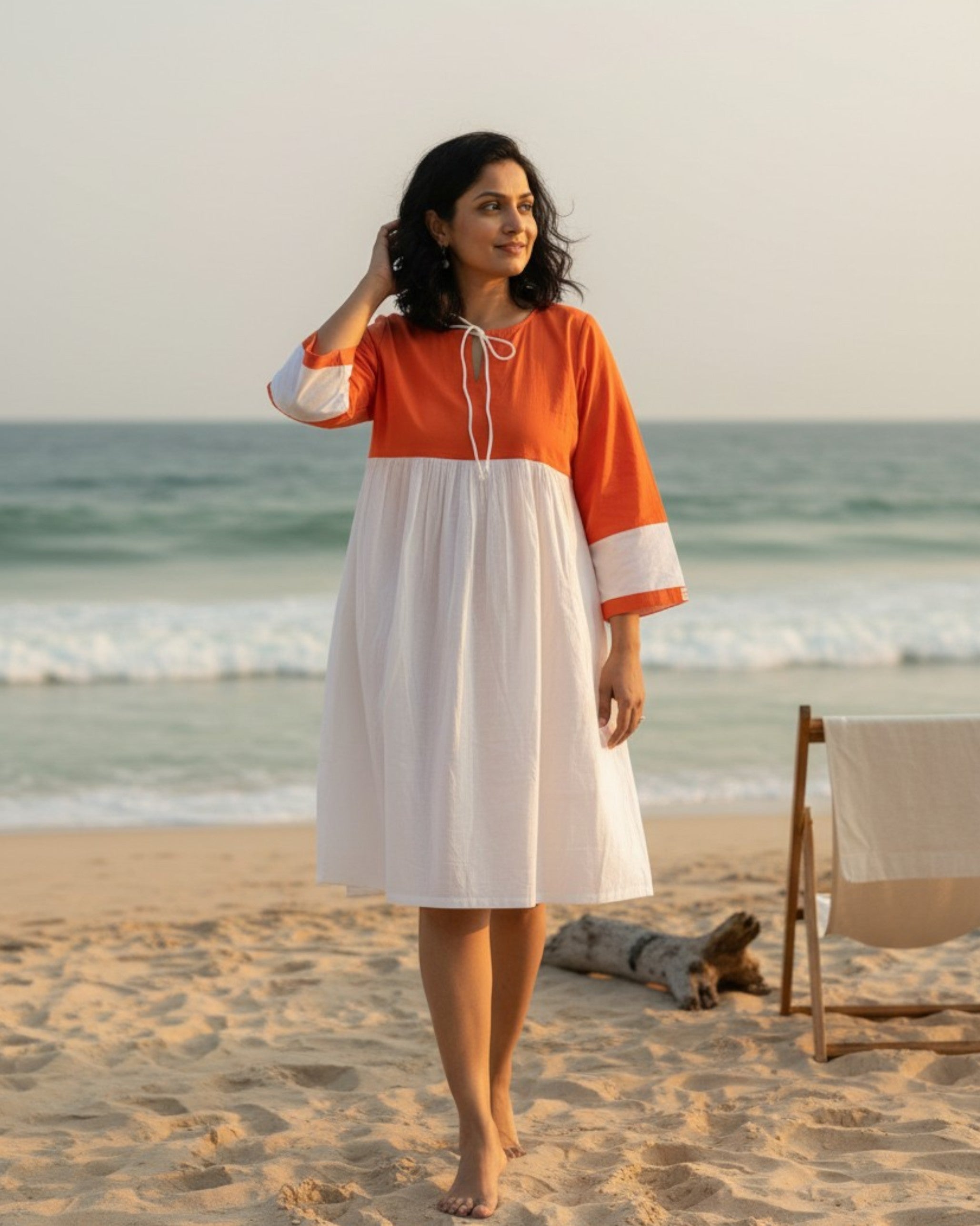 Rustline Colorblock Midi Flared Dress – White & Rust