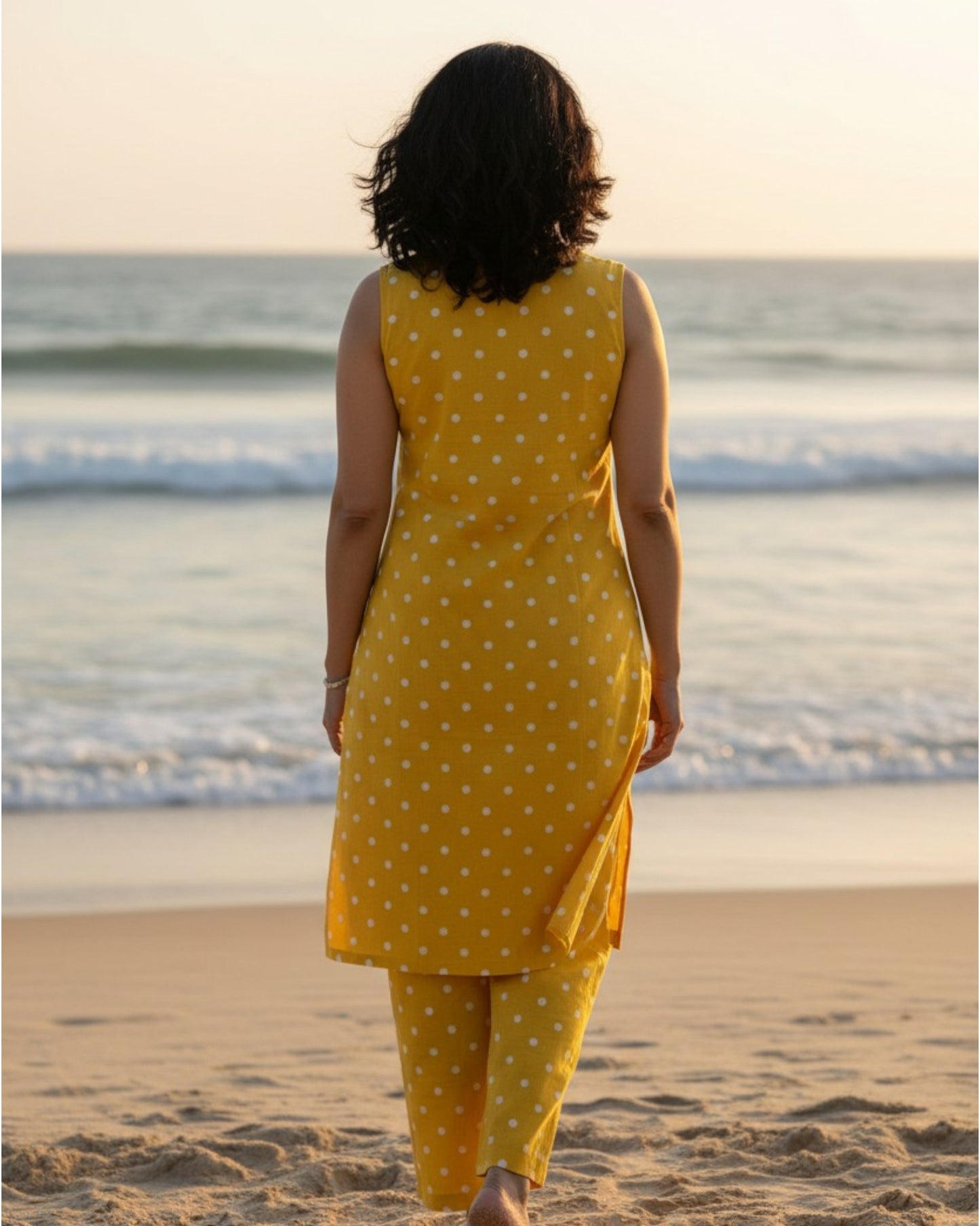 Sunshine Mid-Length Sleeveless Cotton Kurta Set - Mustard Print