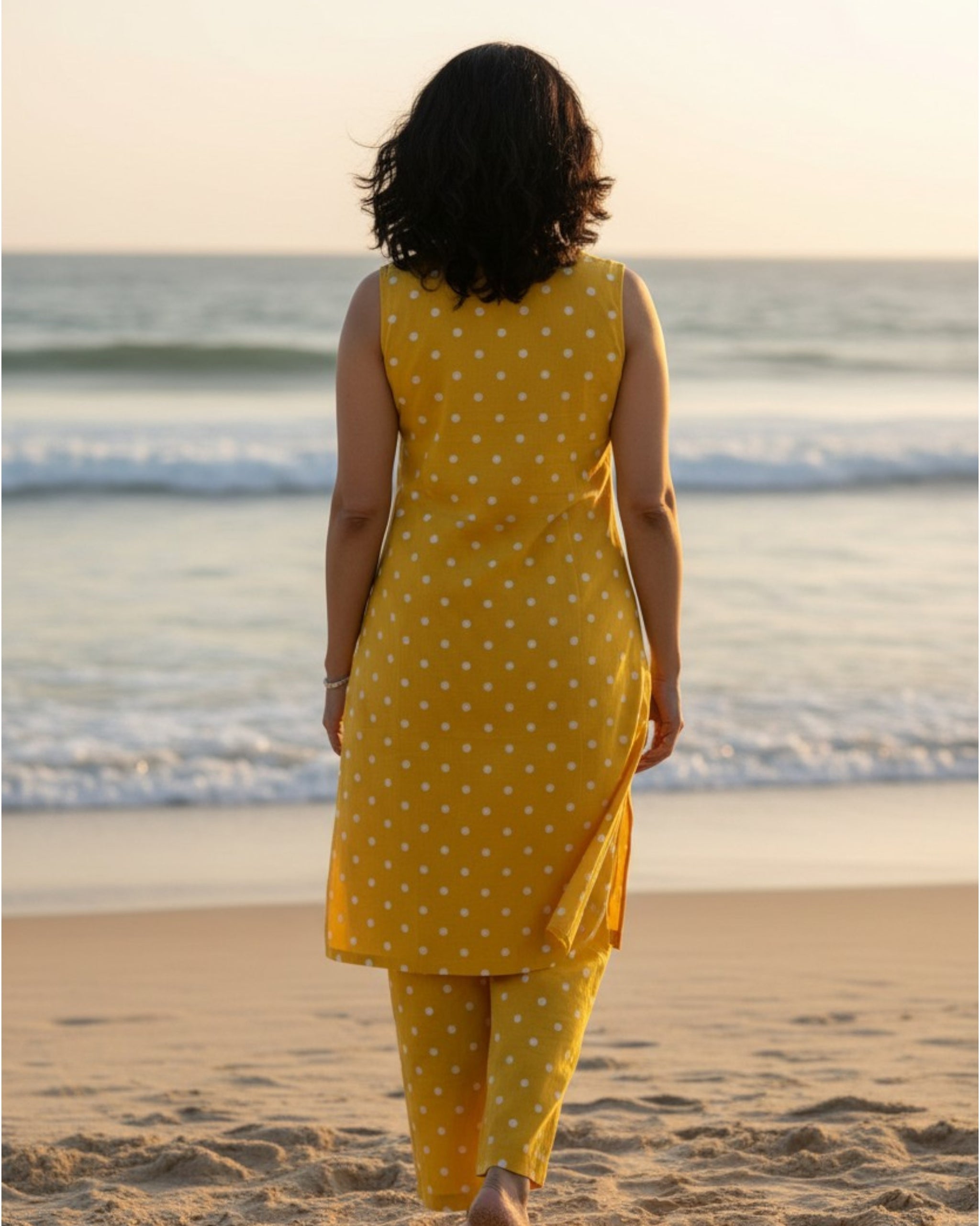 Sunshine Mid-Length Sleeveless Cotton Kurta Set - Mustard Print