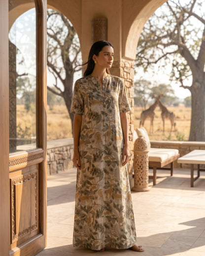 Safari Long A-line Cotton Dress – Off-White Print