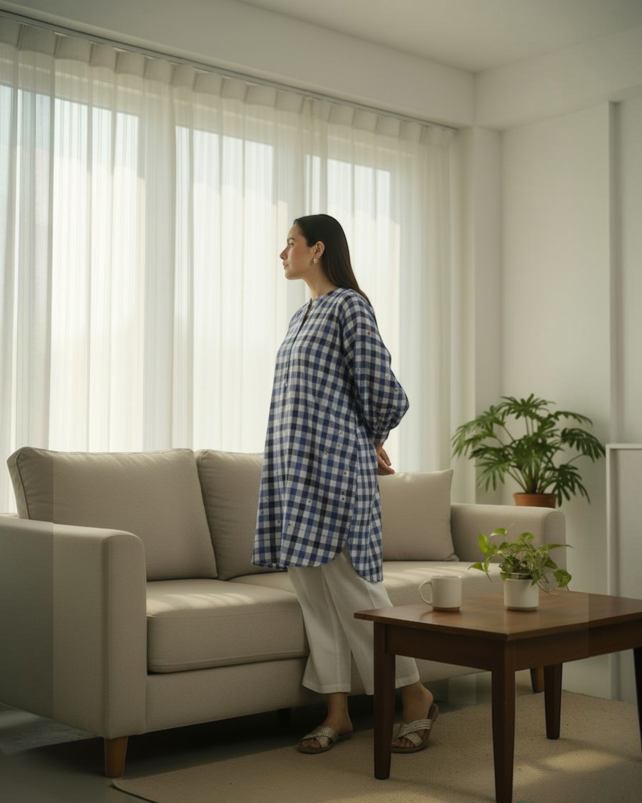 Gingham Balloon Oversized Cotton Shirt – Indigo Checks Print