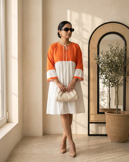 Rustline Colorblock Midi Flared Dress – White & Rust