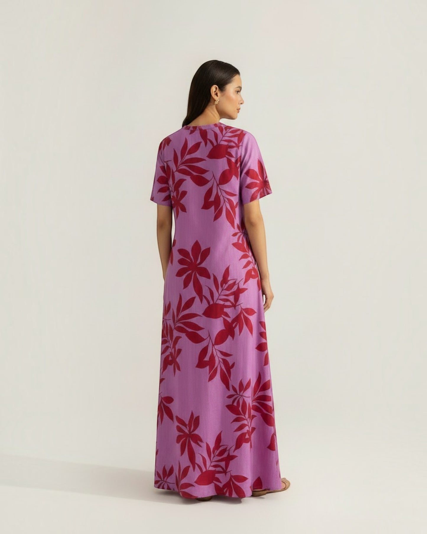Redscape Long A-line Cotton Dress – Lavender & Red Print