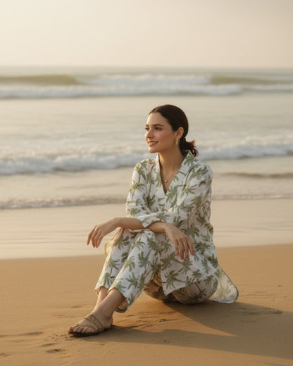 Tropical Mid-Length V-Neck Cotton Kurta Set – White & Olive Print