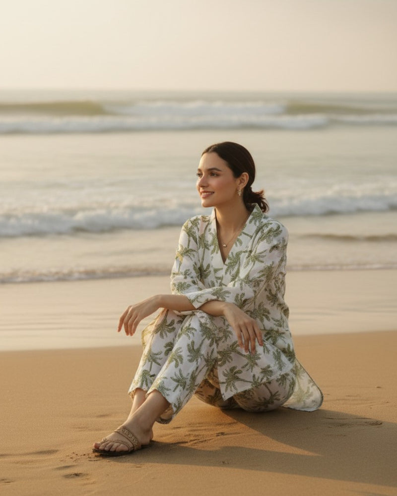 Tropical Mid-Length V-Neck Cotton Kurta Set – White & Olive Print