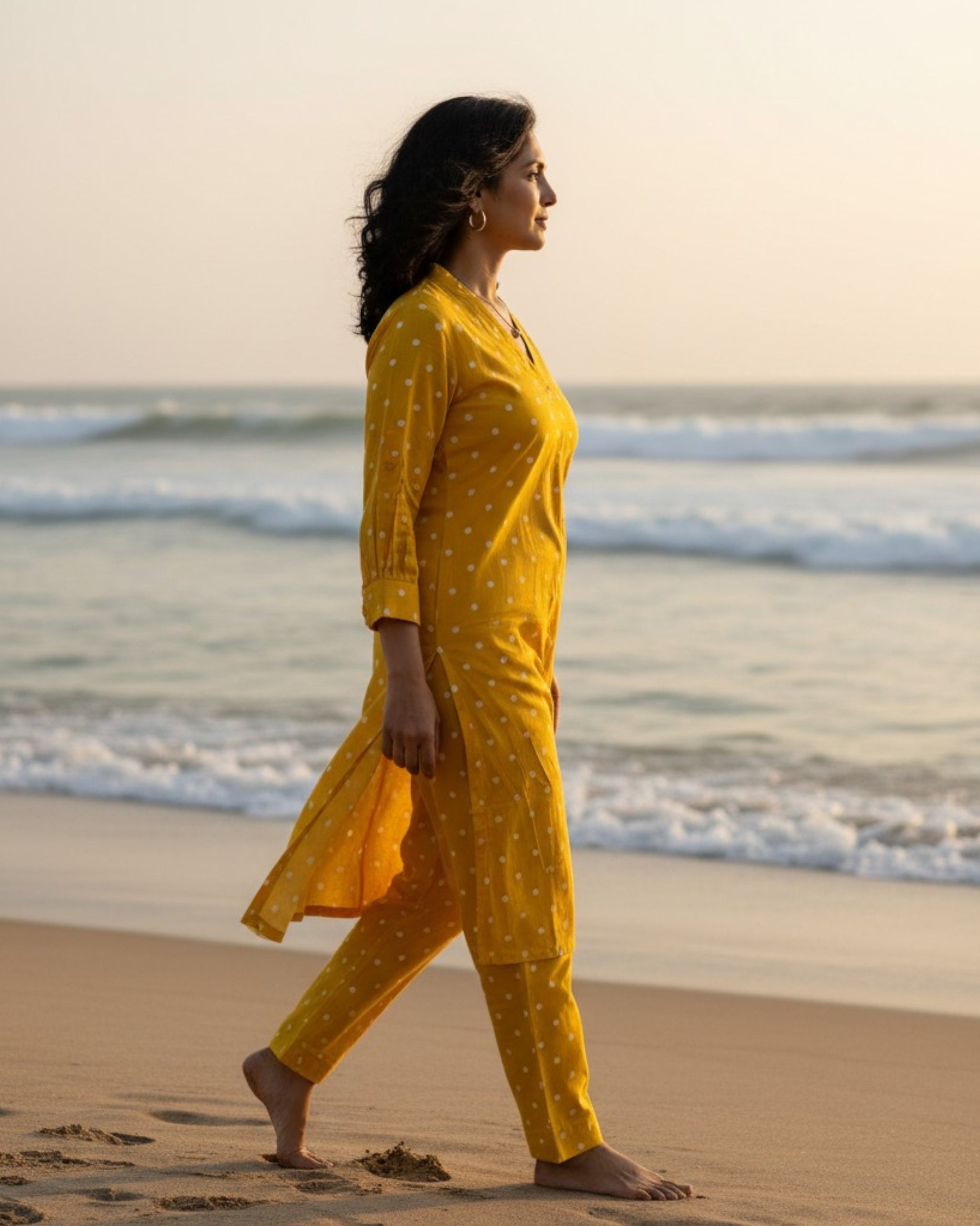 Sunshine Mid-Length Straight Cotton Kurta Set – Mustard Print