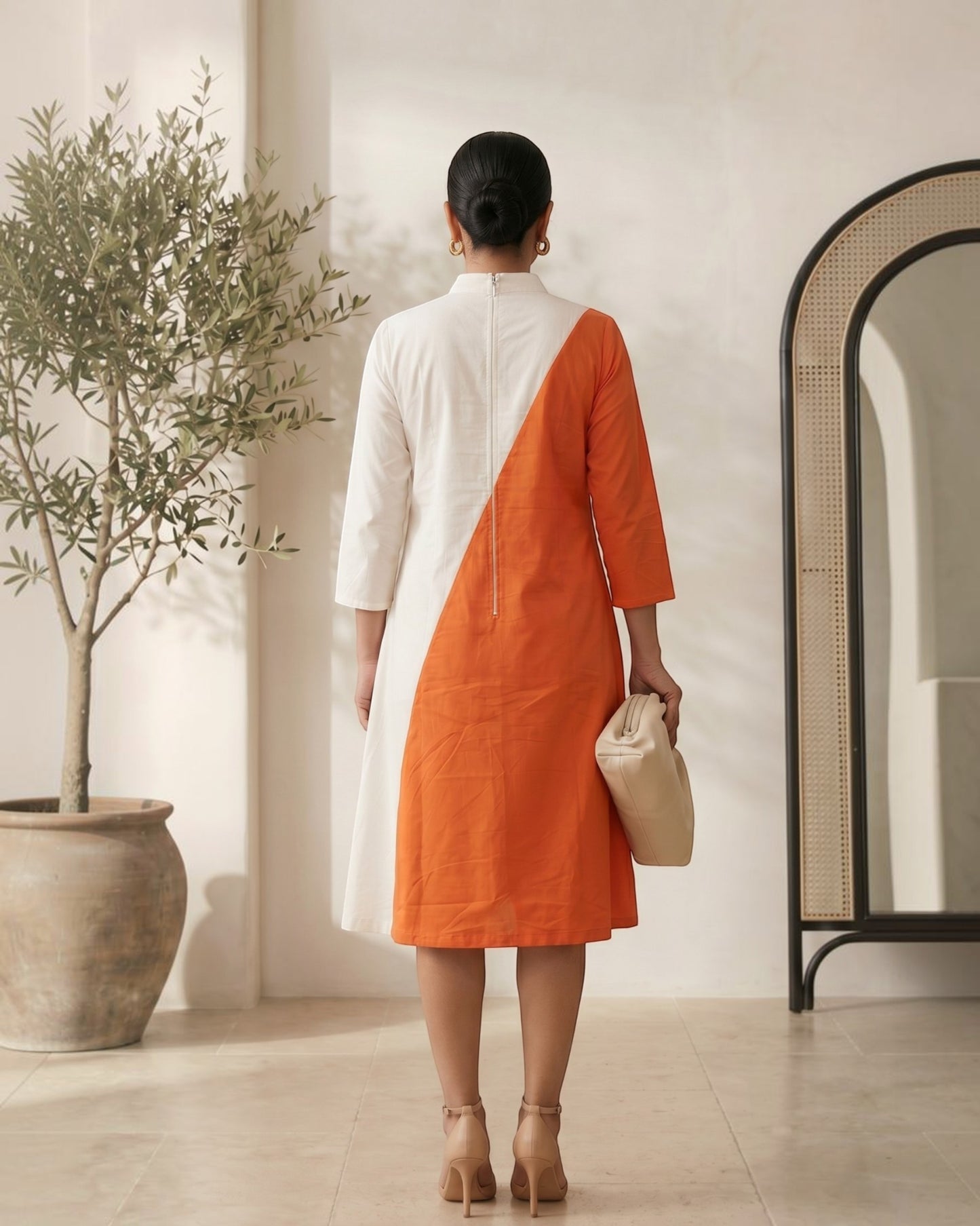 Rustline Colorblock Zipped Midi Flared Dress - White & Rust