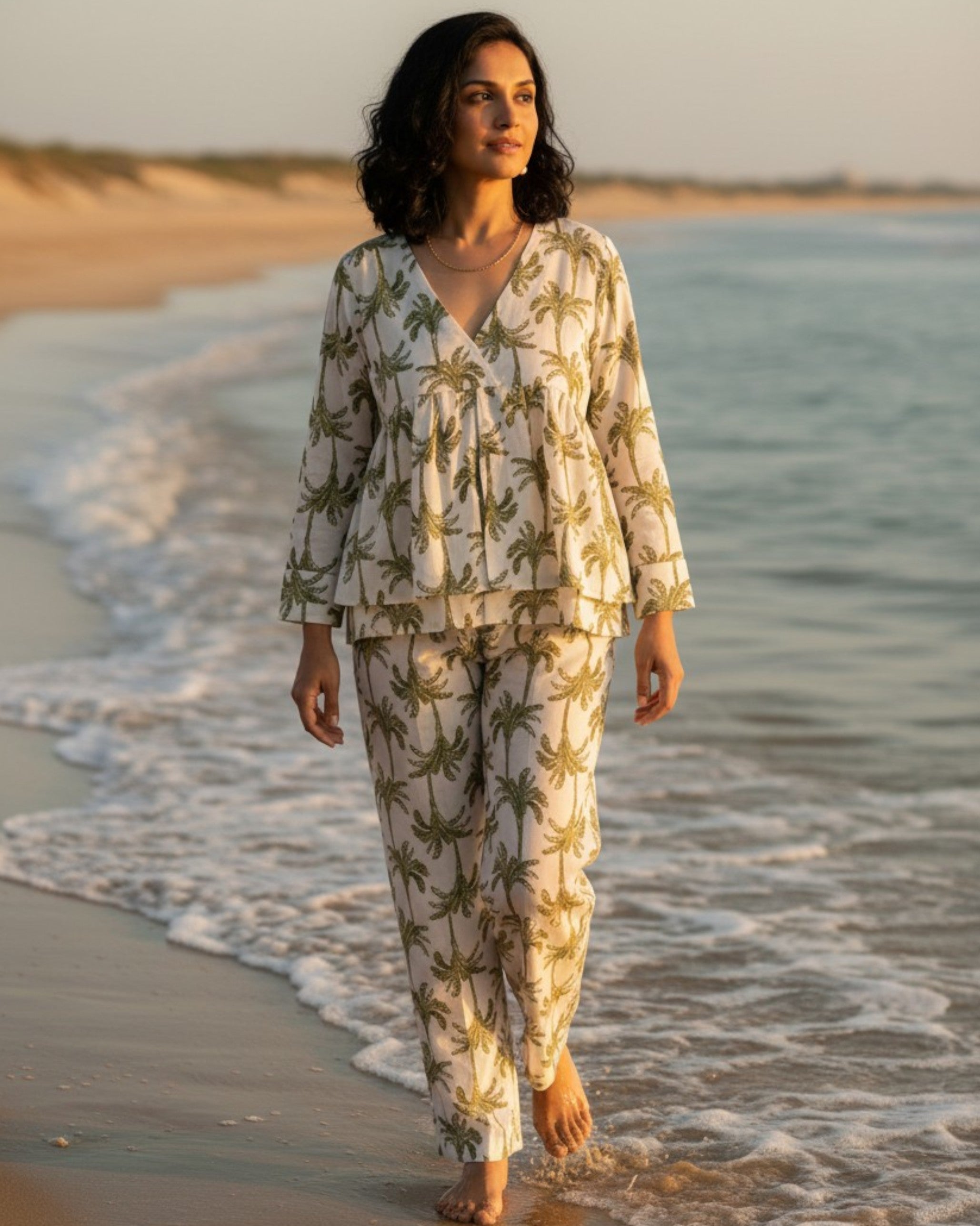 Tropical Short Front Slit Cotton Coord Set – White & Olive Print
