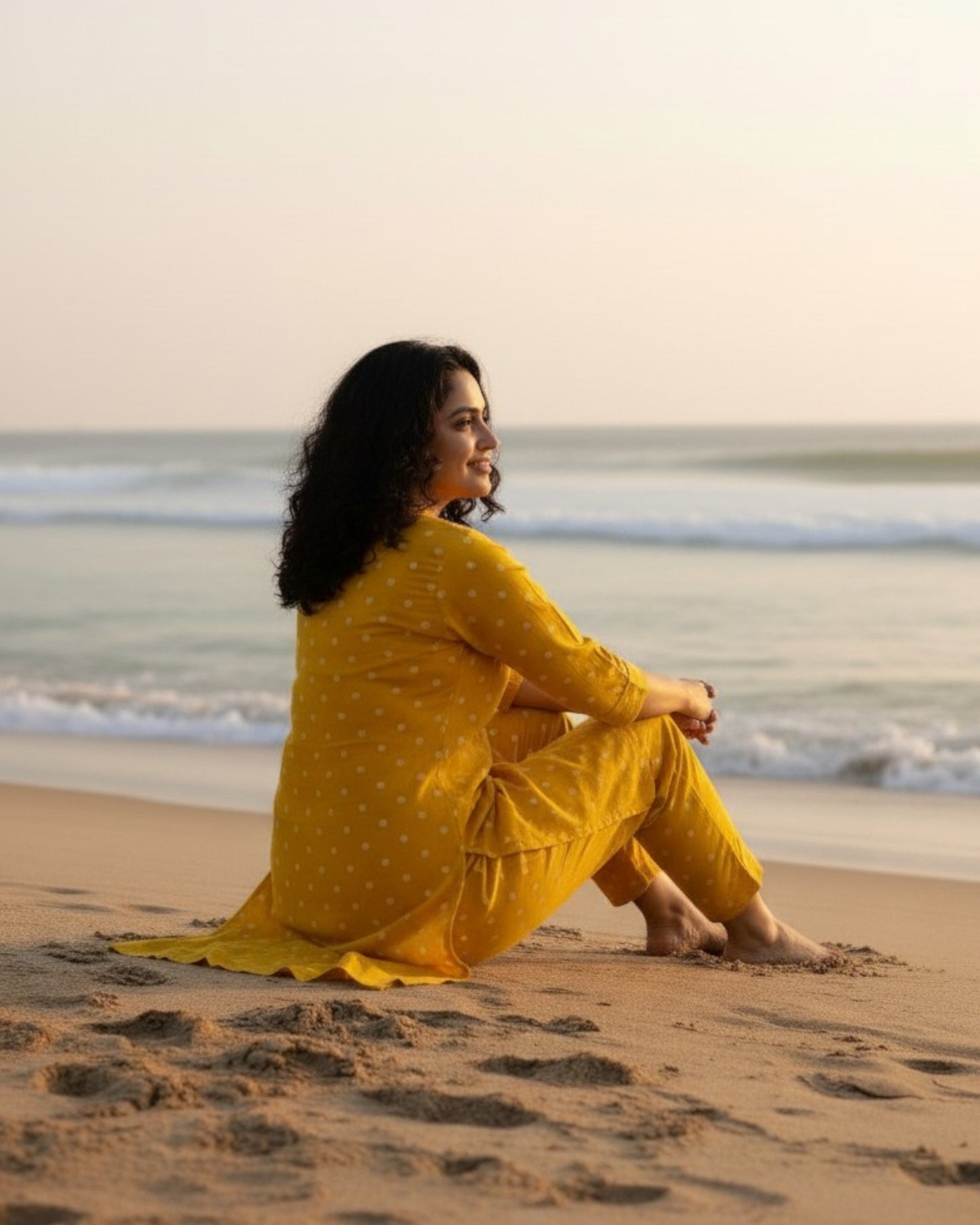 Sunshine Mid-Length Straight Cotton Kurta Set – Mustard Print