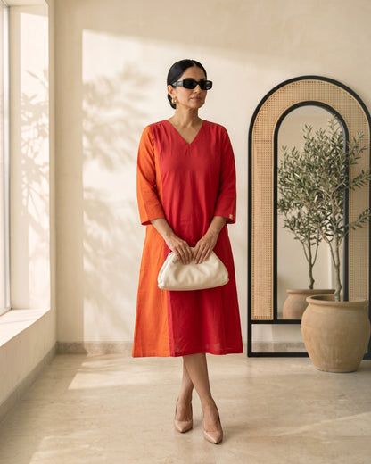 Terracotta ColorBlock Midi Flared Dress – Red & Rust