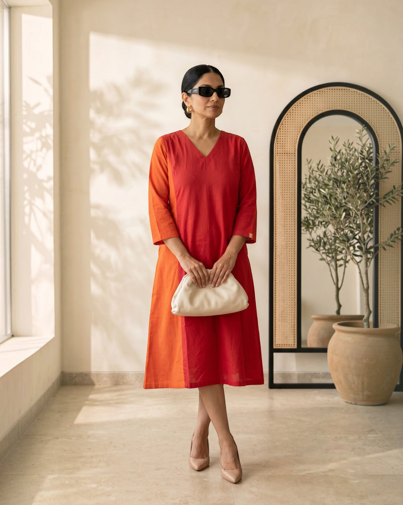 Terracotta ColorBlock Midi Flared Dress – Red & Rust