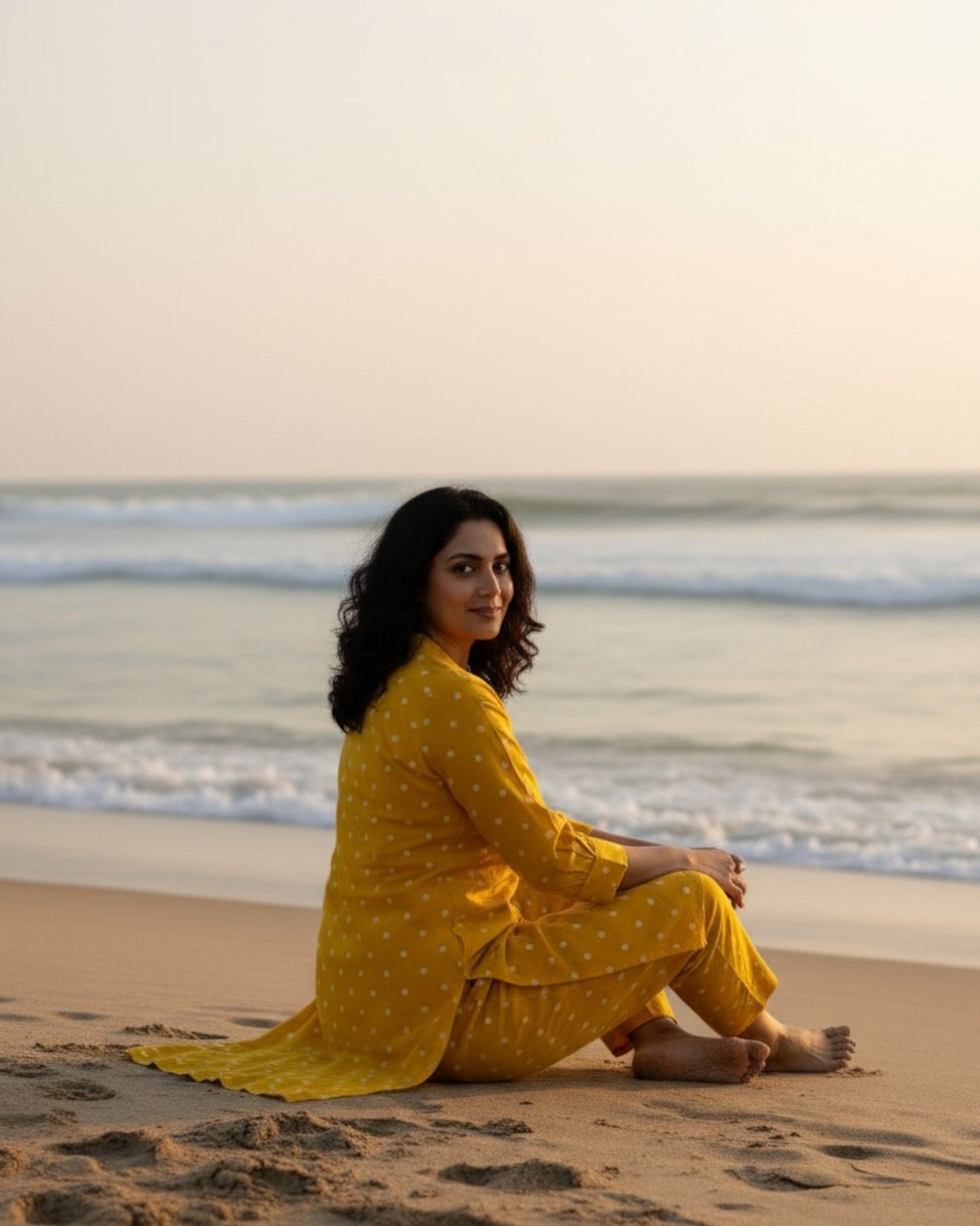 Sunshine Mid-Length Straight Cotton Kurta Set – Mustard Print