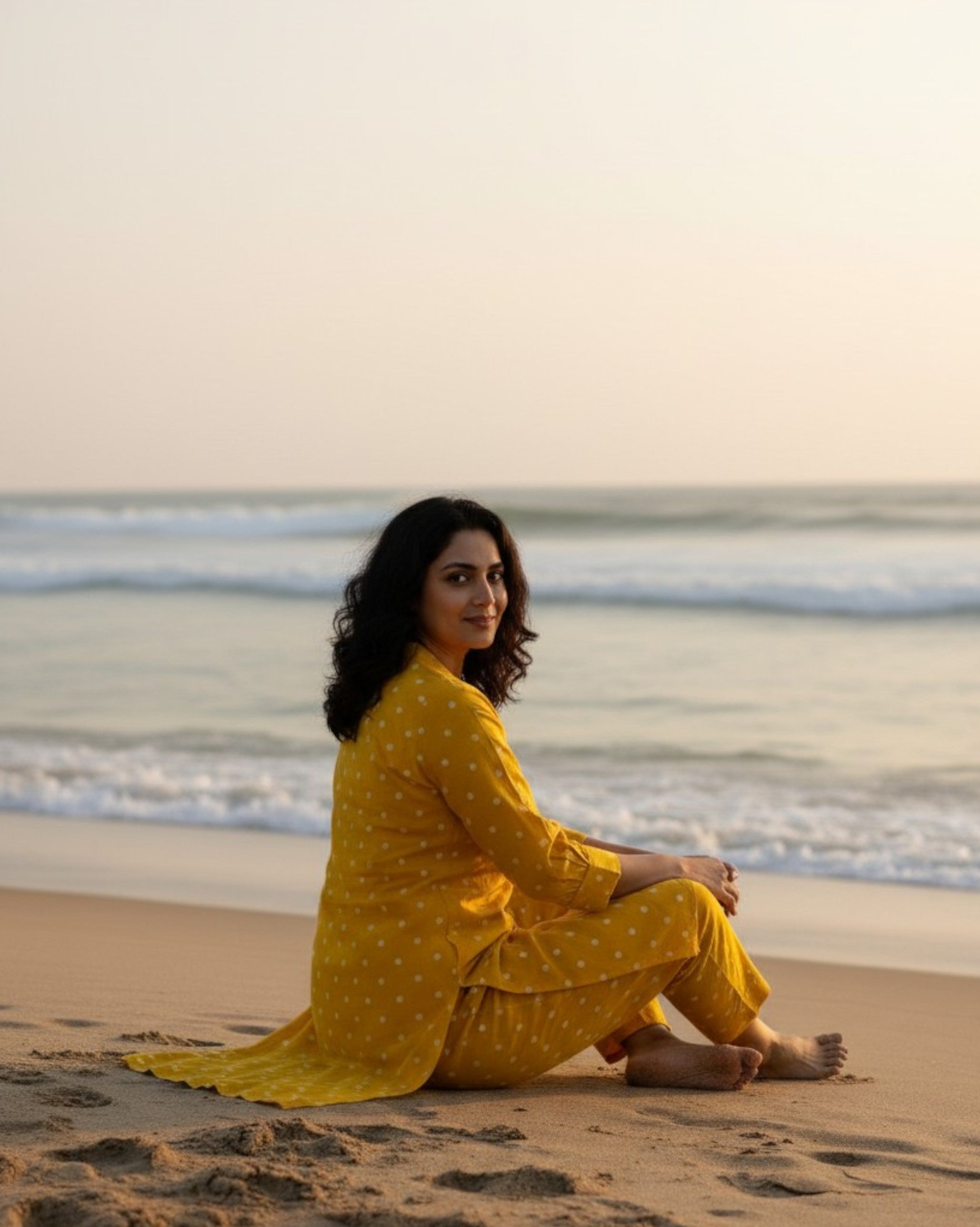 Sunshine Mid-Length Straight Cotton Kurta Set – Mustard Print