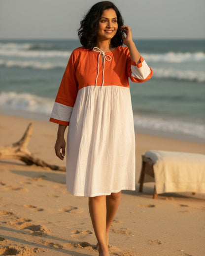 Rustline Colorblock Midi Flared Dress – White & Rust
