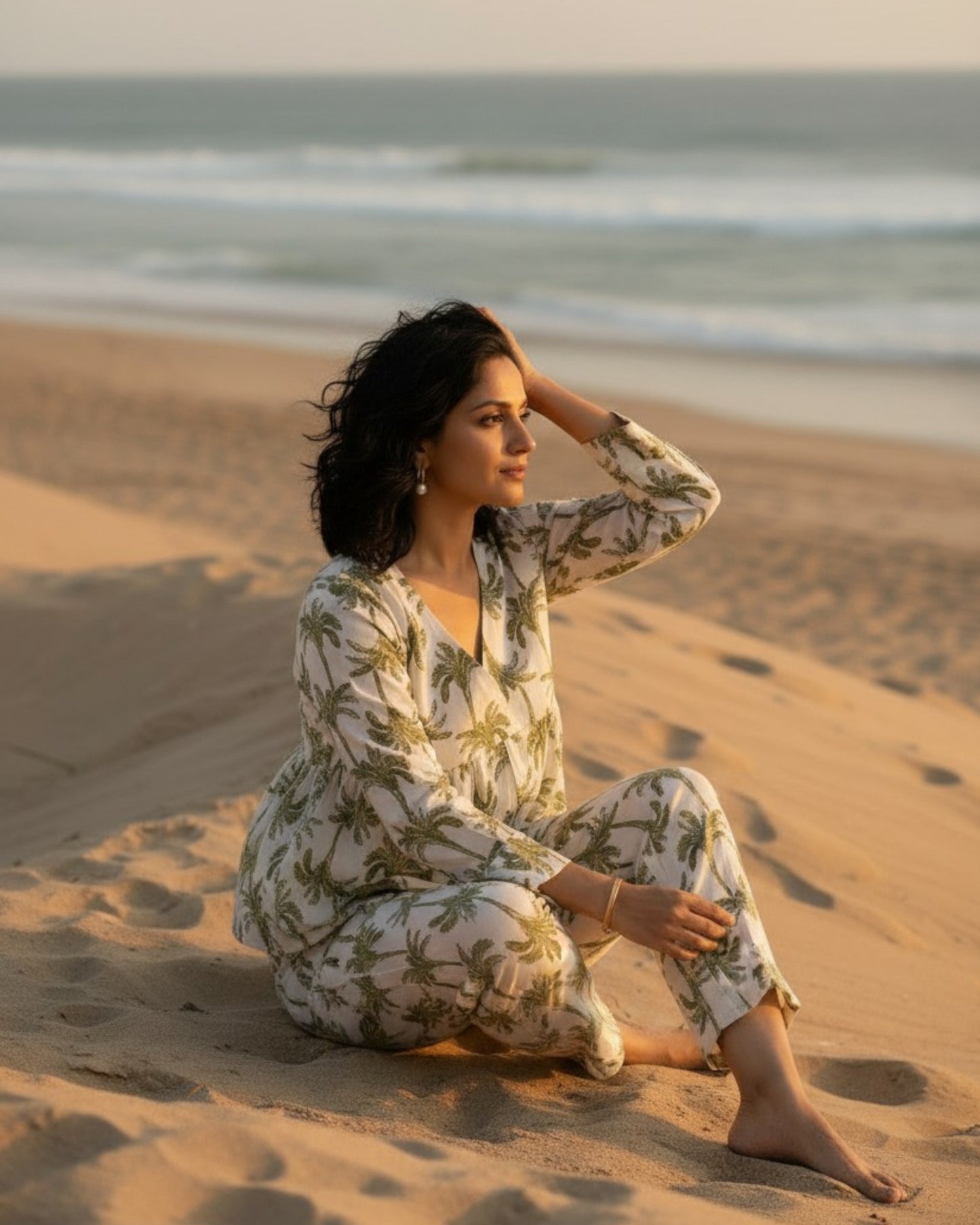 Tropical Short Front Slit Cotton Coord Set – White & Olive Print
