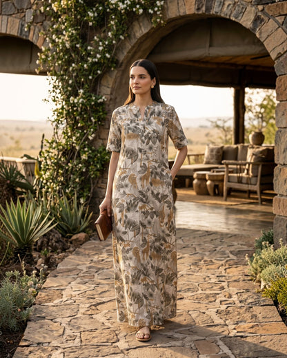 Safari Long A-line Cotton Dress – Off-White Print