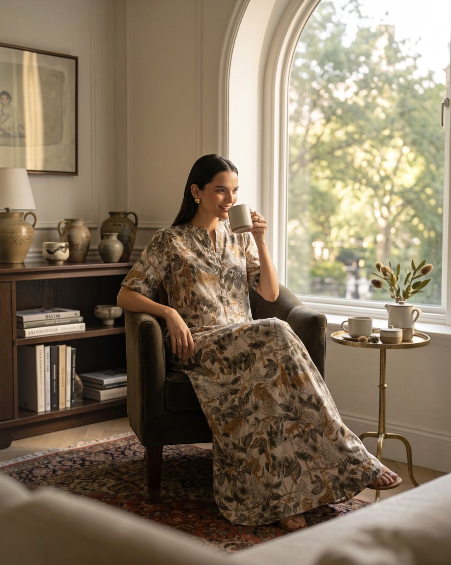 Safari Long A-line Cotton Dress – Off-White Print