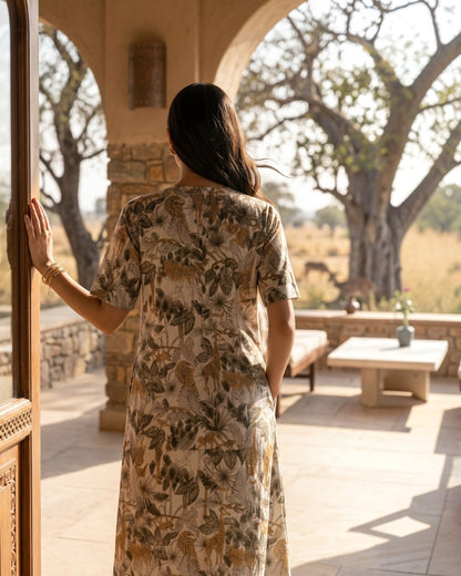 Safari Long A-line Cotton Dress – Off-White Print