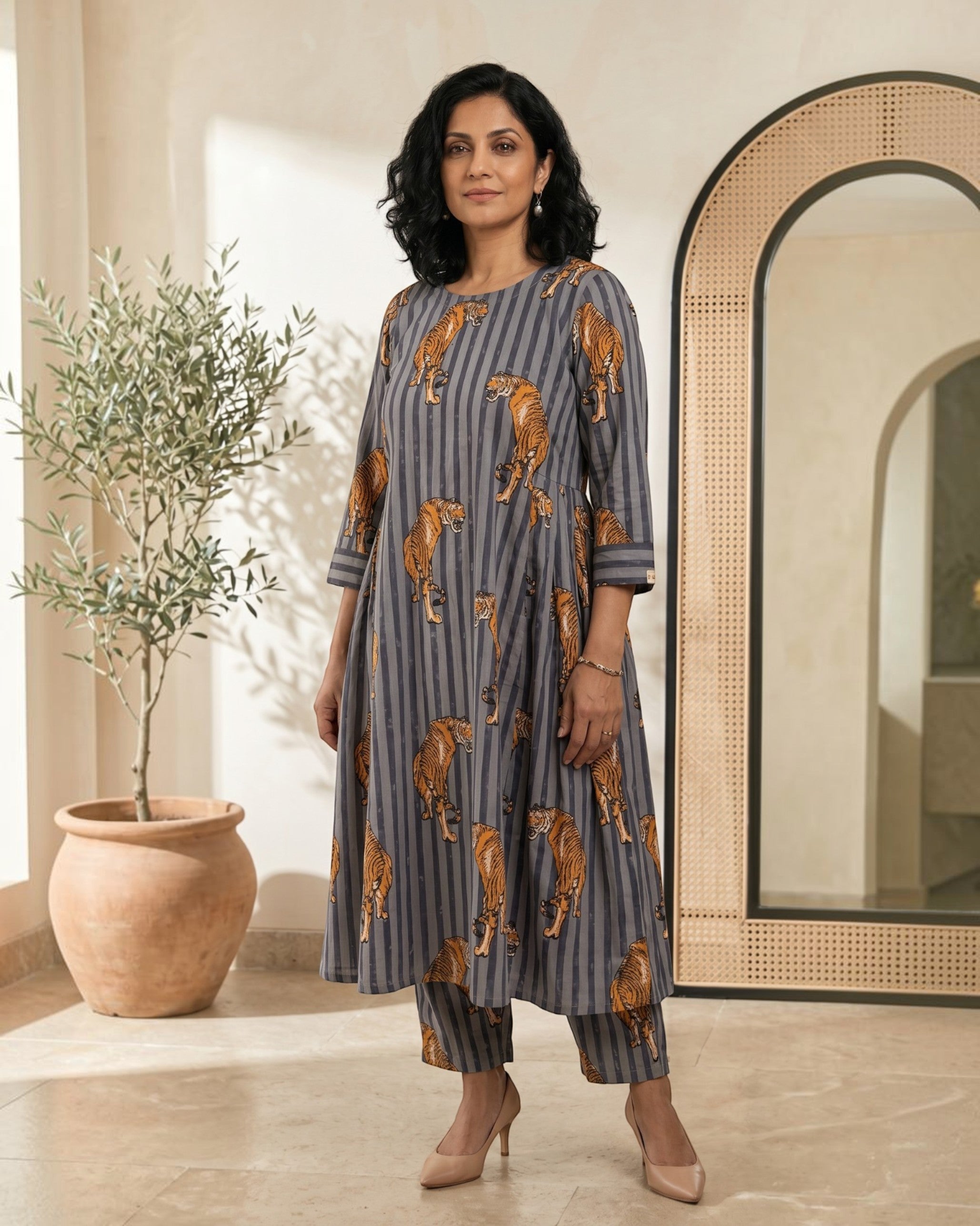 Wildrade Side Pleated Long Cotton Coord Set - Charcoal Tiger Print