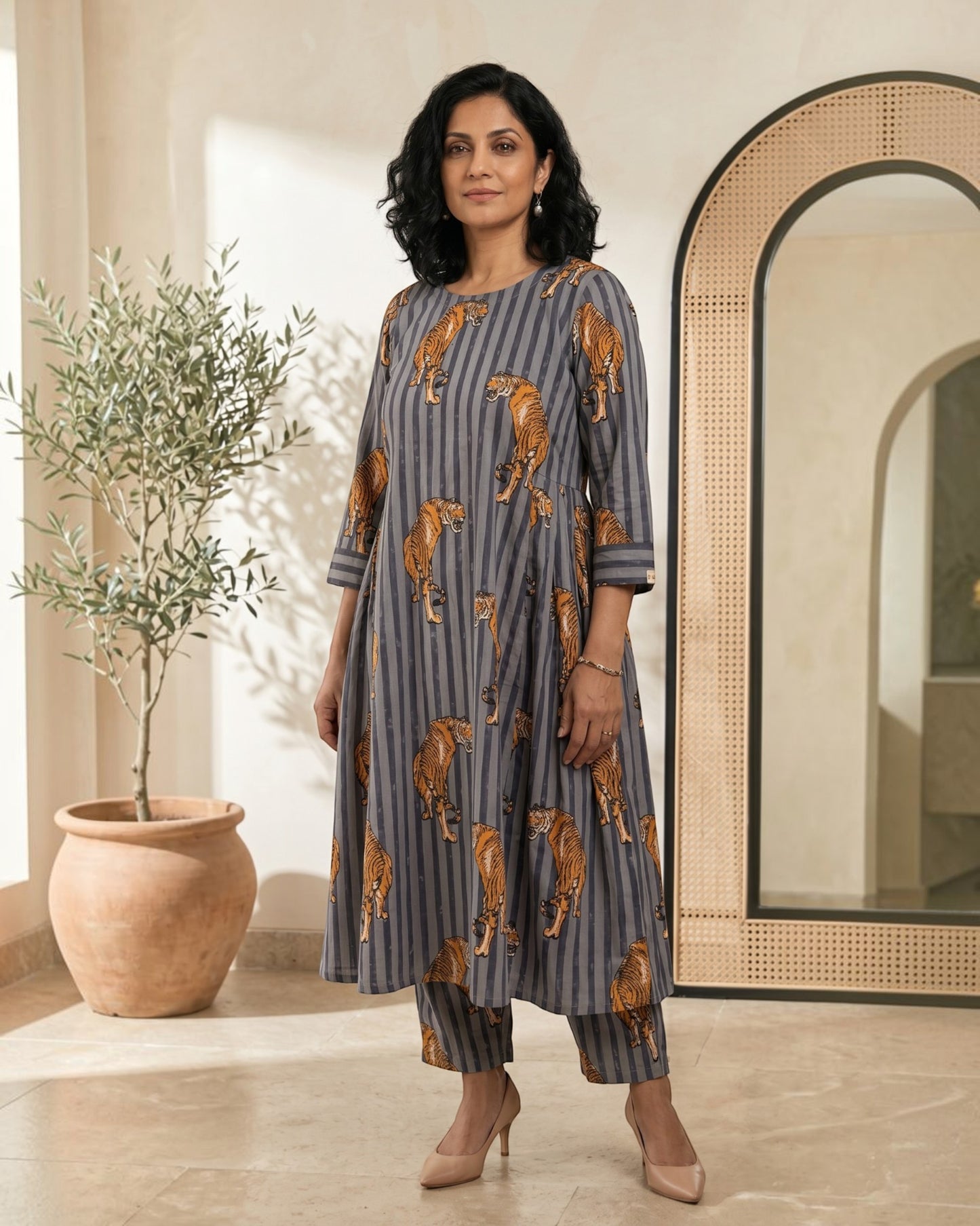 Wildrade Side Pleated Long Cotton Coord Set - Charcoal Tiger Print