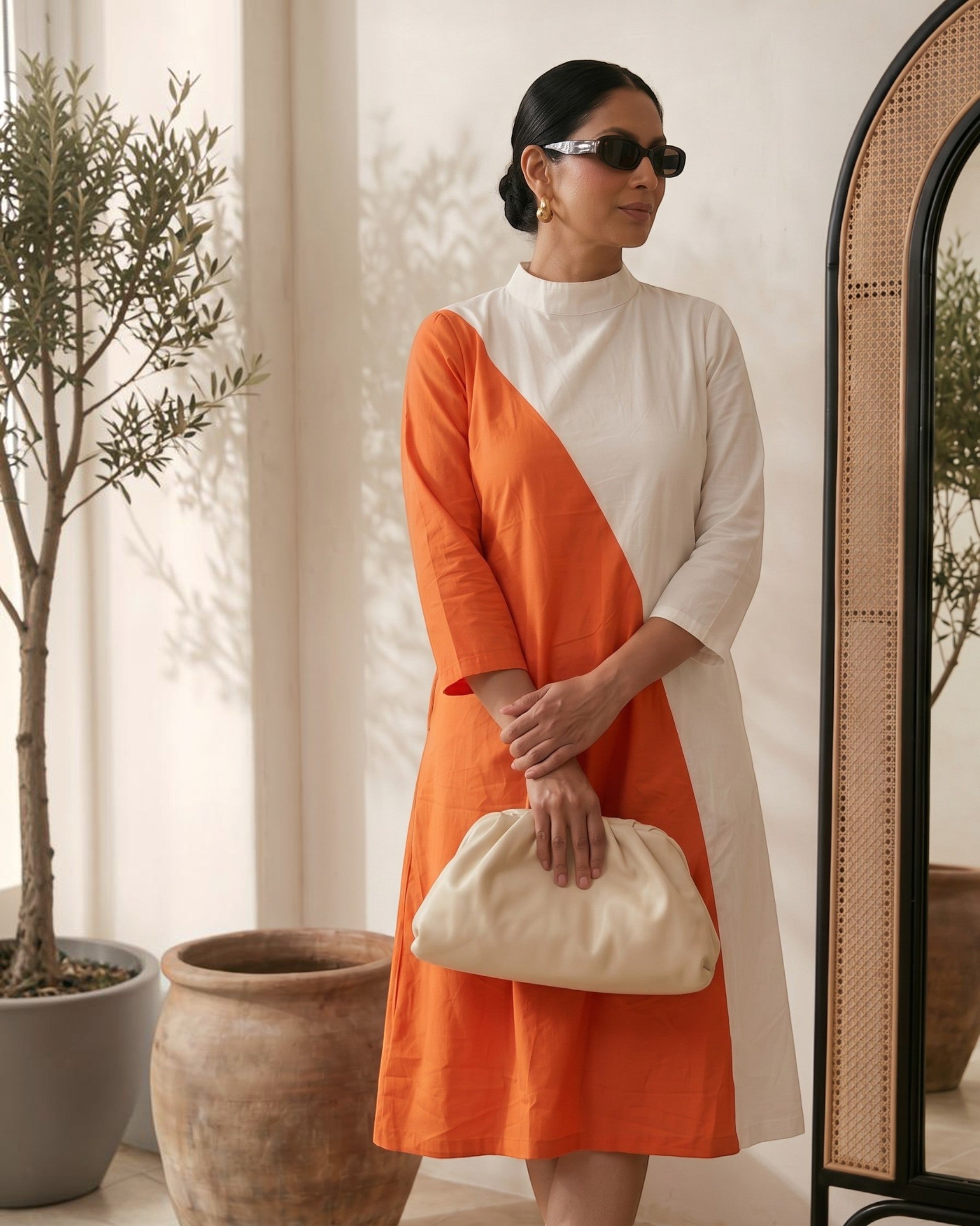 Rustline Colorblock Zipped Midi Flared Dress - White & Rust