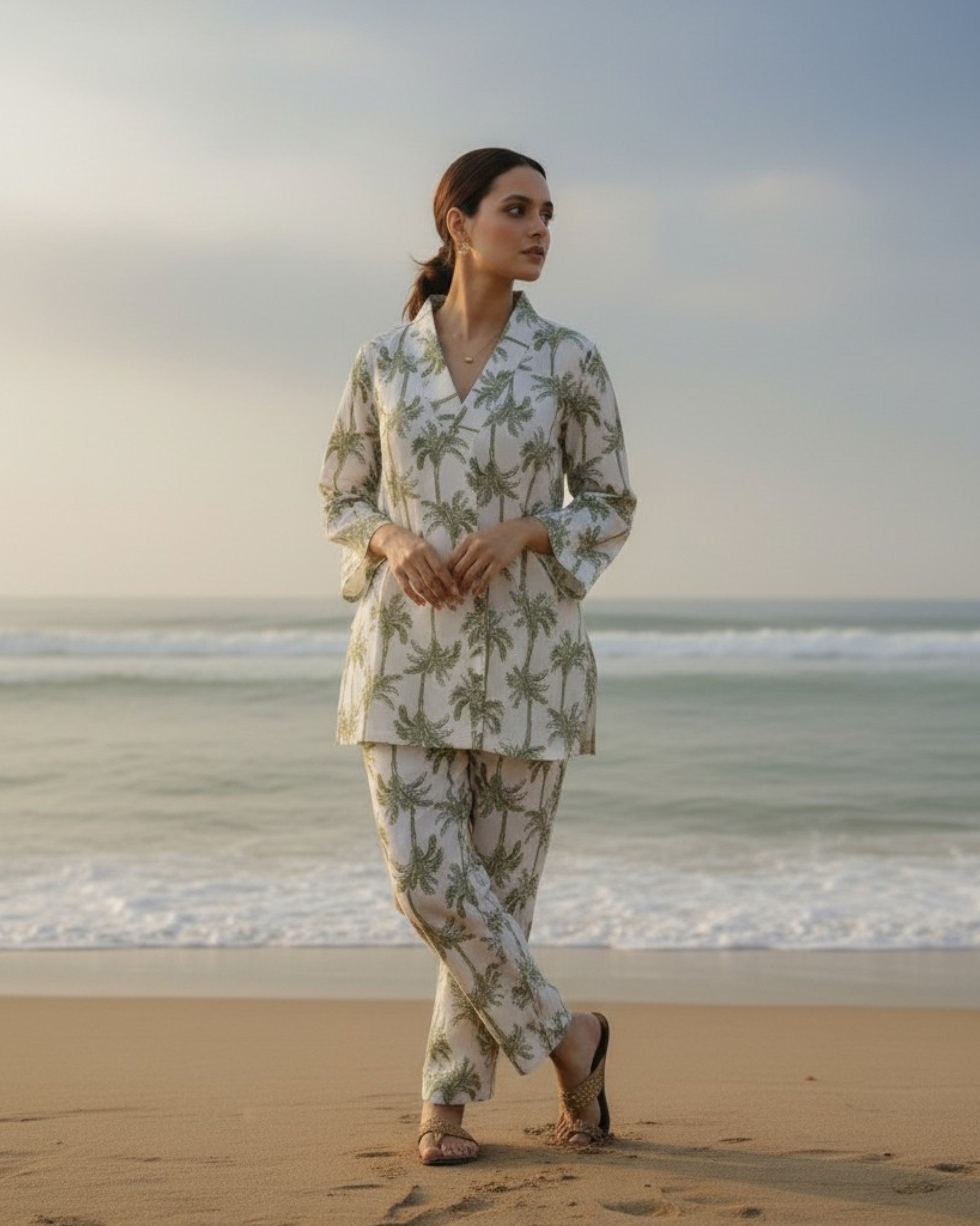 Tropical Mid-Length V-Neck Cotton Kurta Set – White & Olive Print