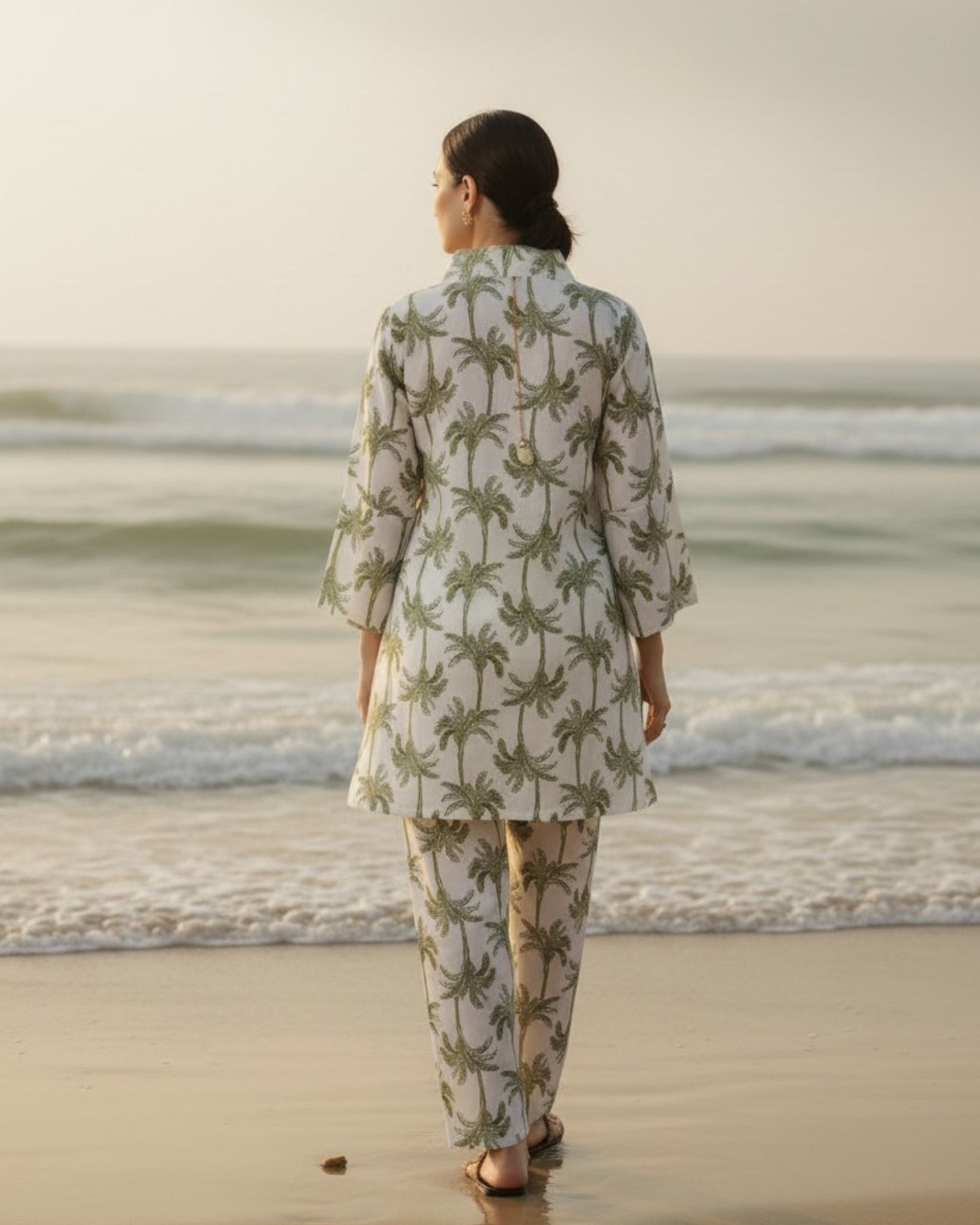Tropical Mid-Length V-Neck Cotton Kurta Set – White & Olive Print
