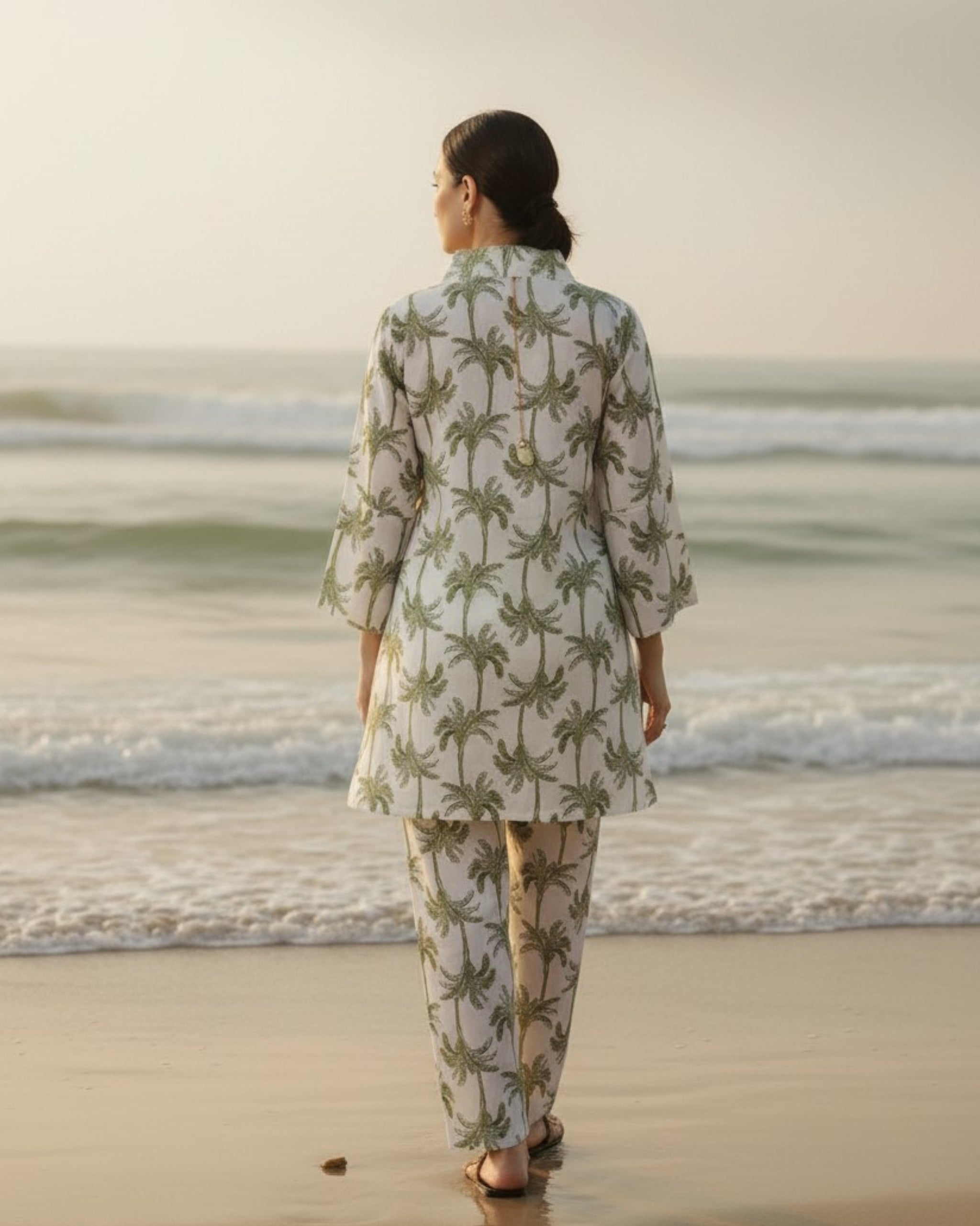 Tropical Mid-Length V-Neck Cotton Kurta Set – White & Olive Print