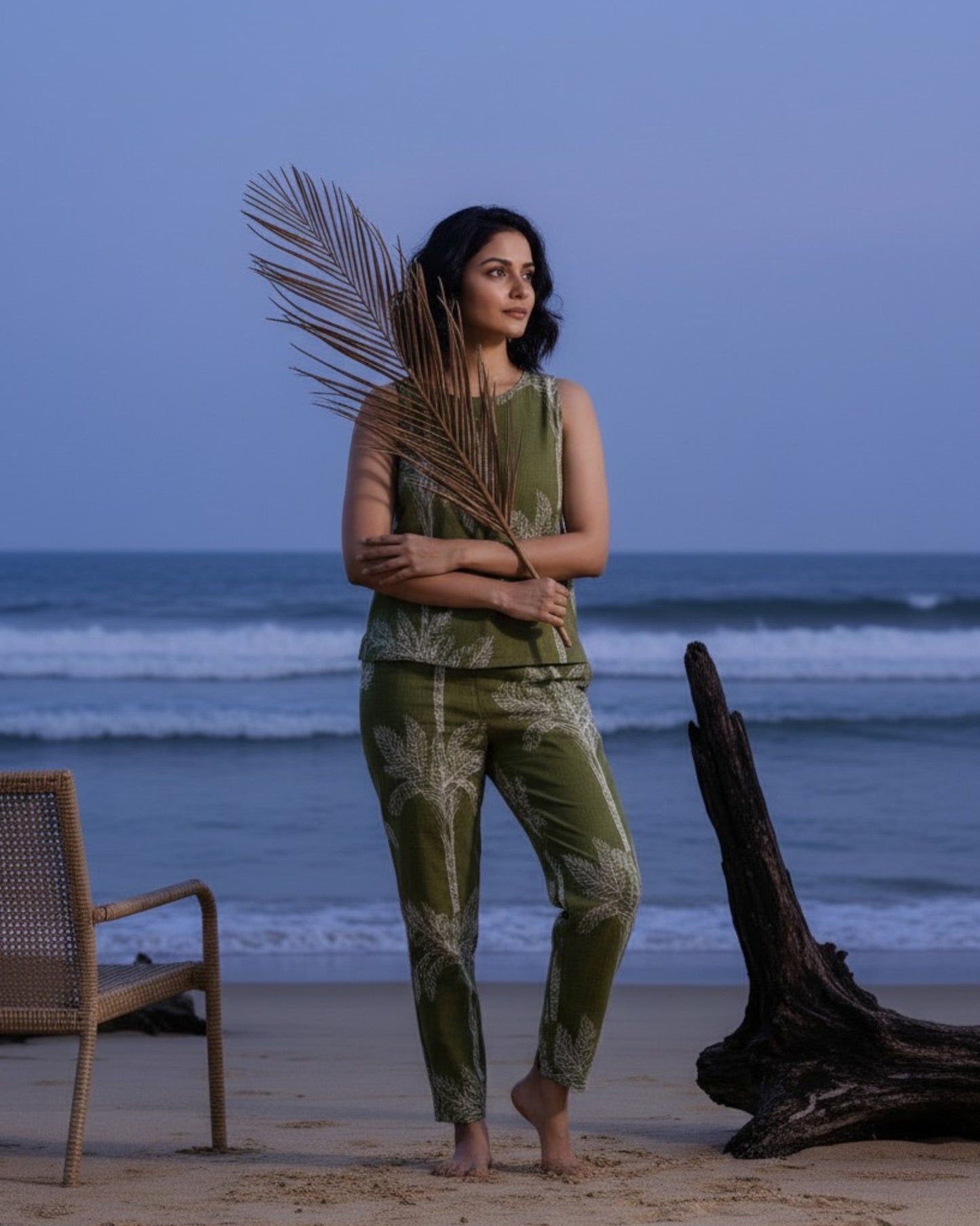 Palm Short Sleeveless Cotton Coord Set - Olive Print