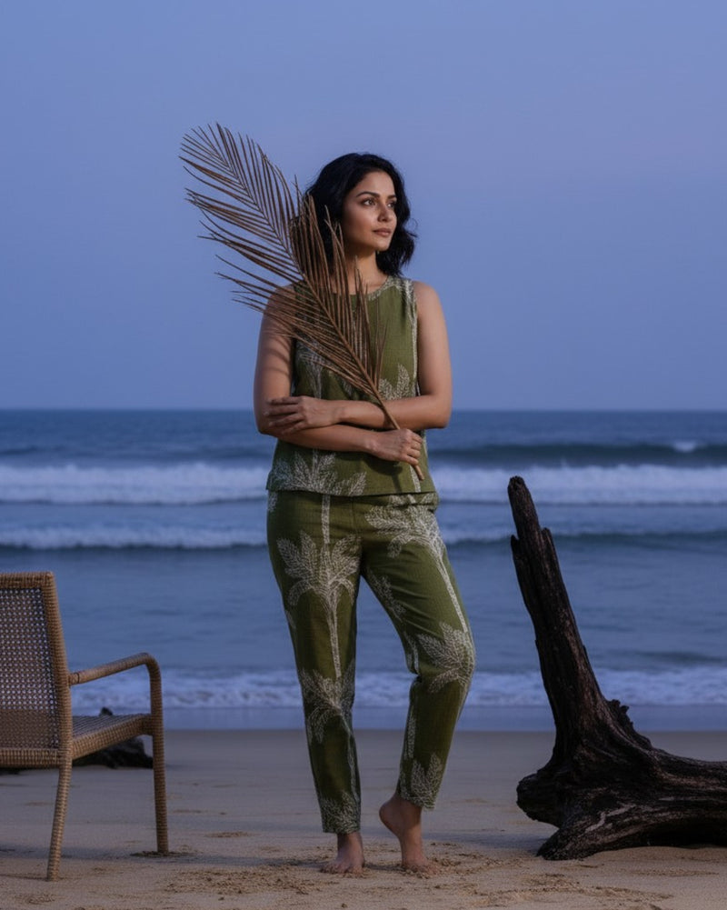 Palm Short Sleeveless Cotton Coord Set - Olive Print
