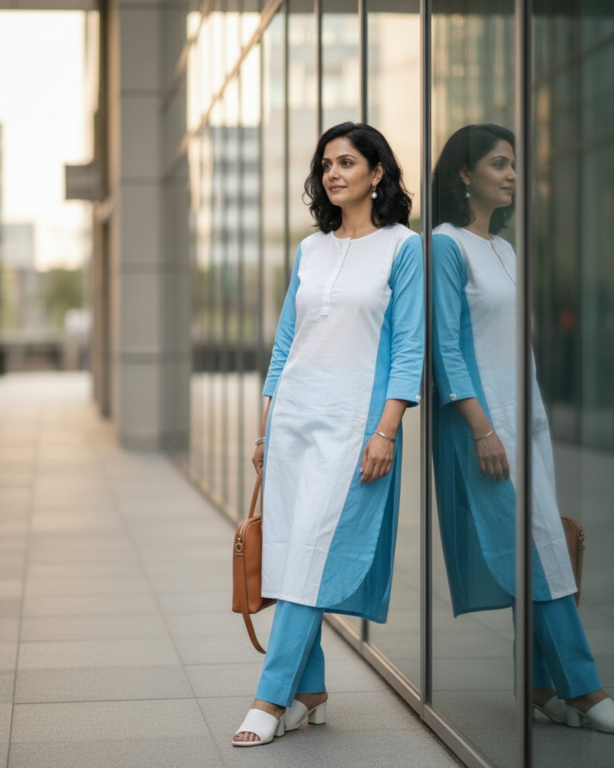 Lagoon ColorBlock Mid-Length Cotton Coord Set - White & Cyan