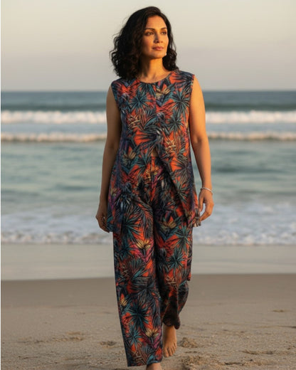 Sunset Short Front Slit Sleeveless Cotton Coord Set – Multicolor Print