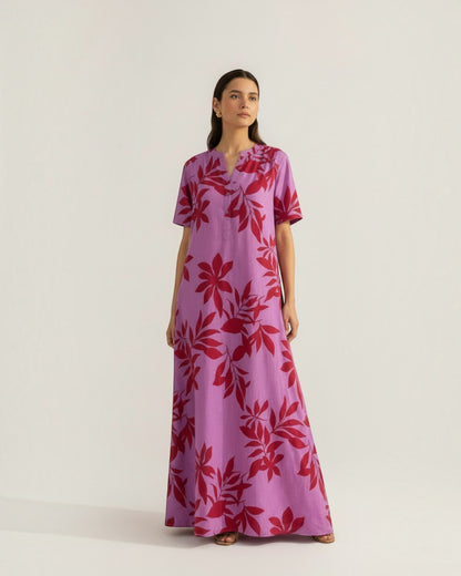 Redscape Long A-line Cotton Dress – Lavender & Red Print