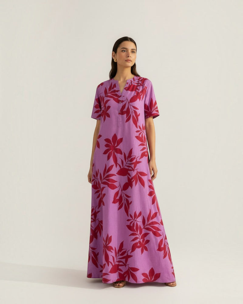 Redscape Long A-line Cotton Dress – Lavender & Red Print