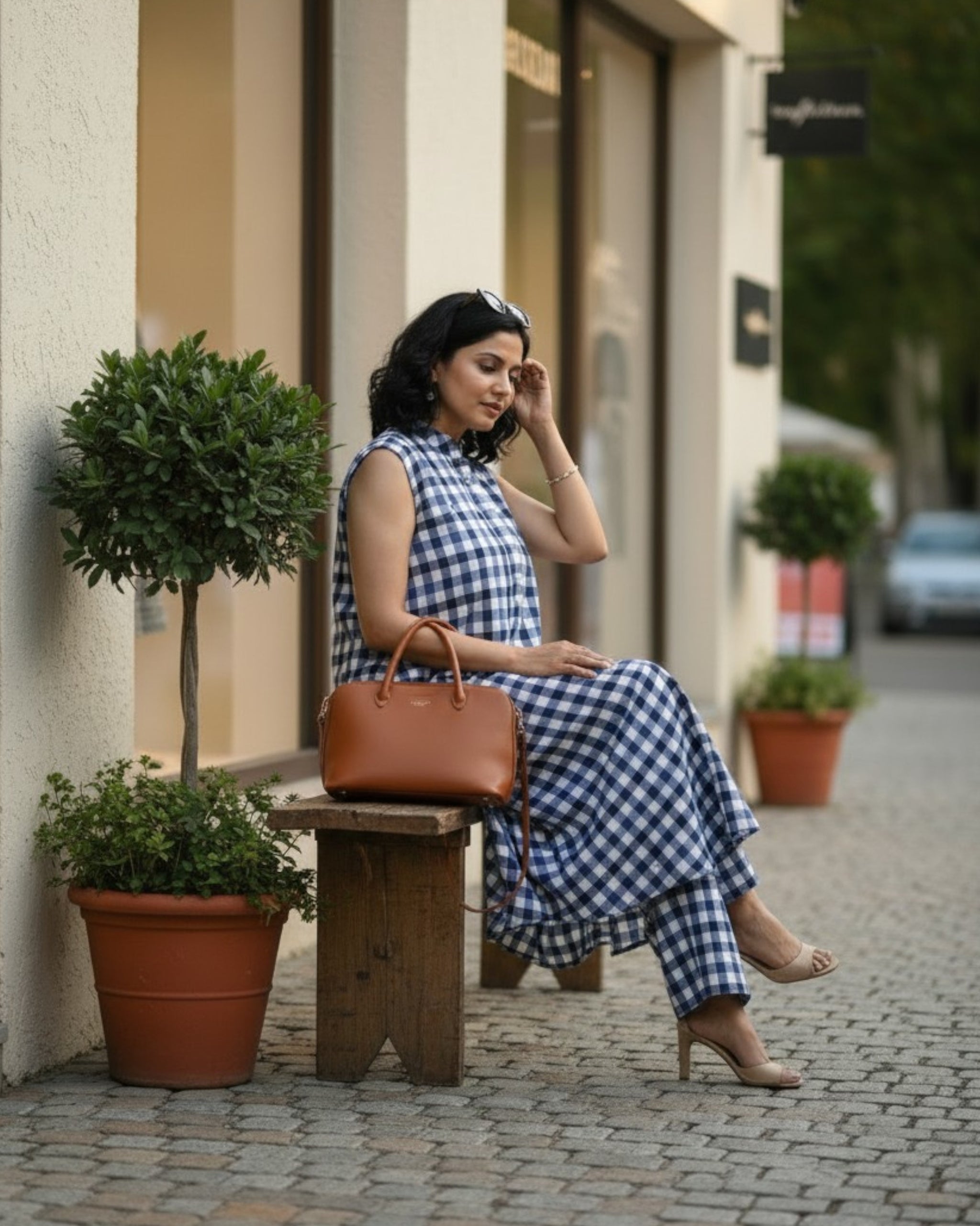 Gingham Long Sleeveless Cotton Kurta Set – Indigo Checks Print