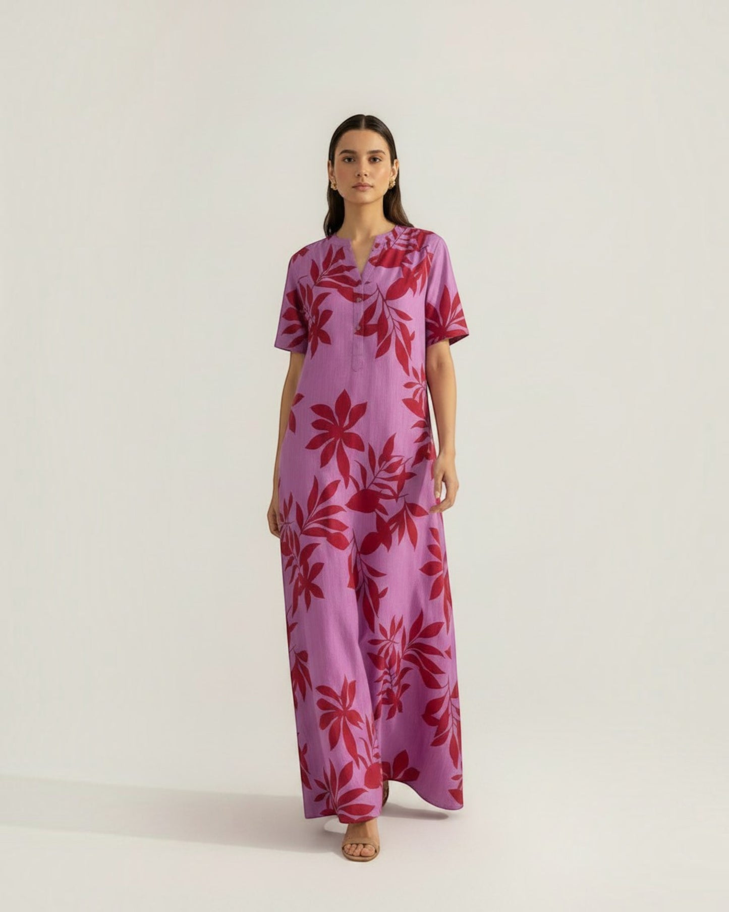 Redscape Long A-line Cotton Dress – Lavender & Red Print