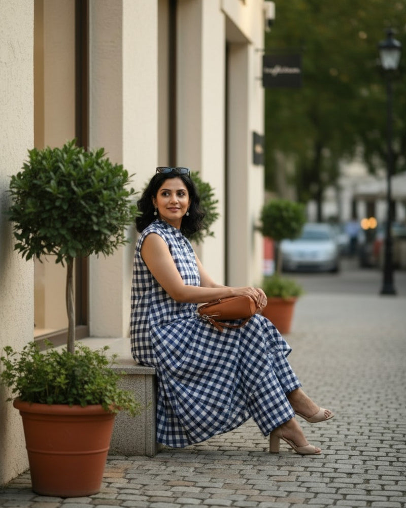 Gingham Long Sleeveless Cotton Kurta Set – Indigo Checks Print