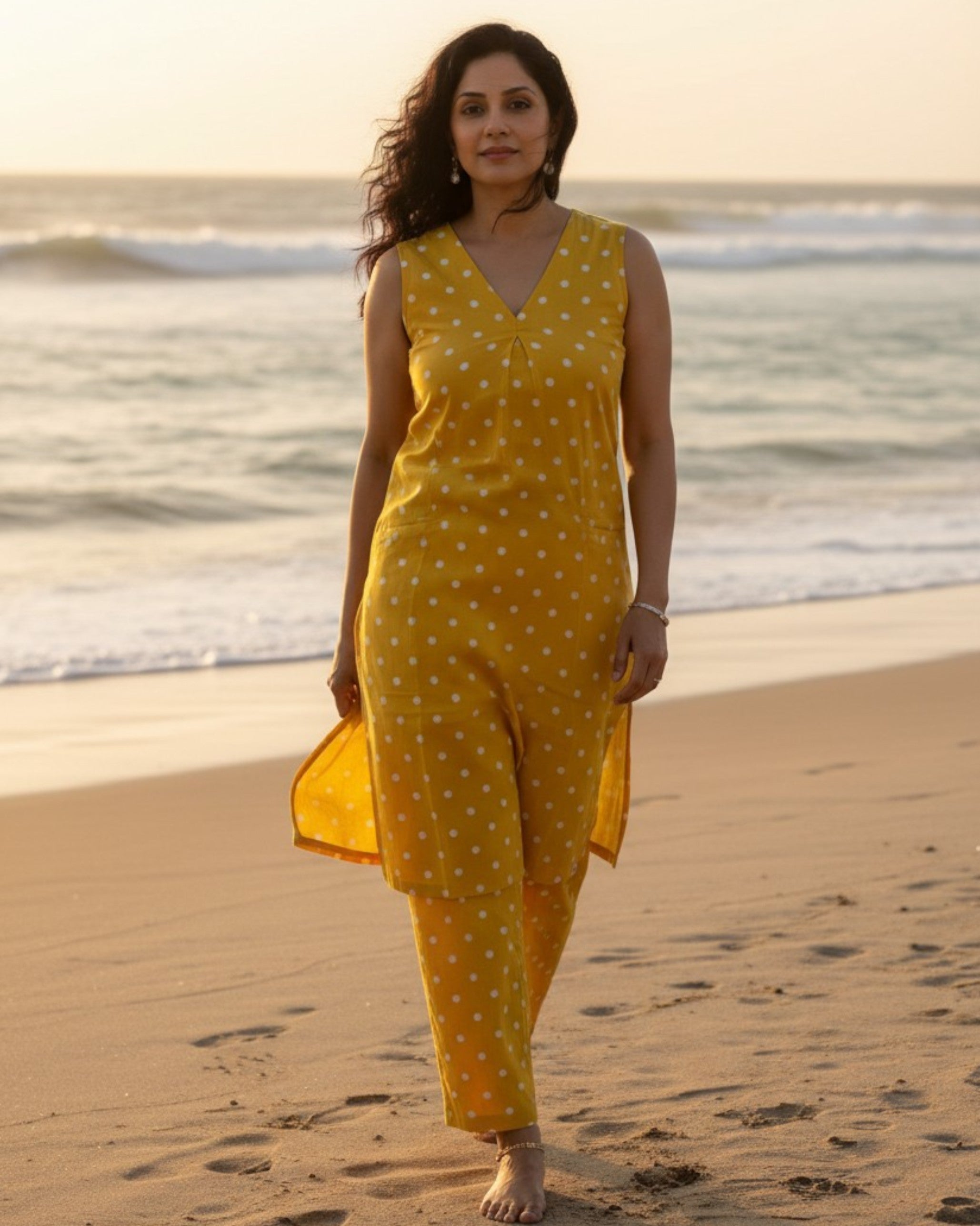 Sunshine Mid-Length Sleeveless Cotton Kurta Set - Mustard Print