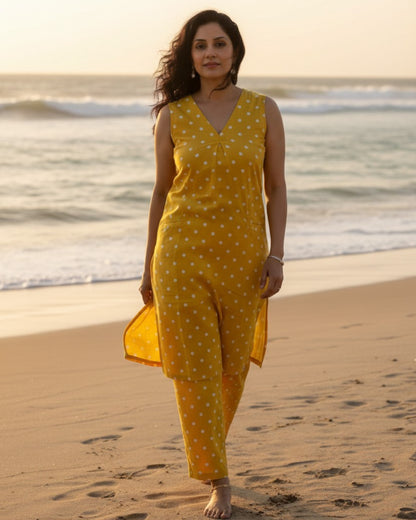 Sunshine Mid-Length Sleeveless Cotton Kurta Set - Mustard Print
