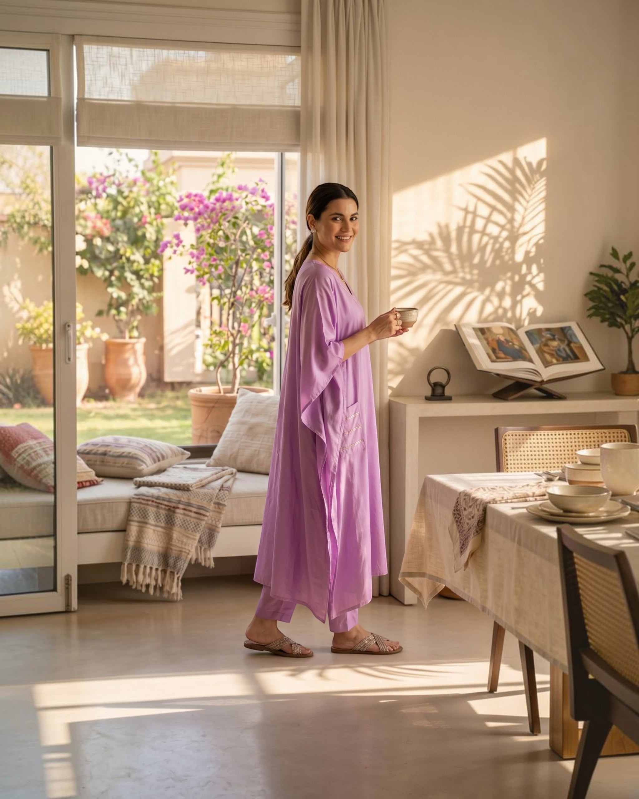 Noor Kaftan Satin Cotton Kurta Set – Deep Lavender