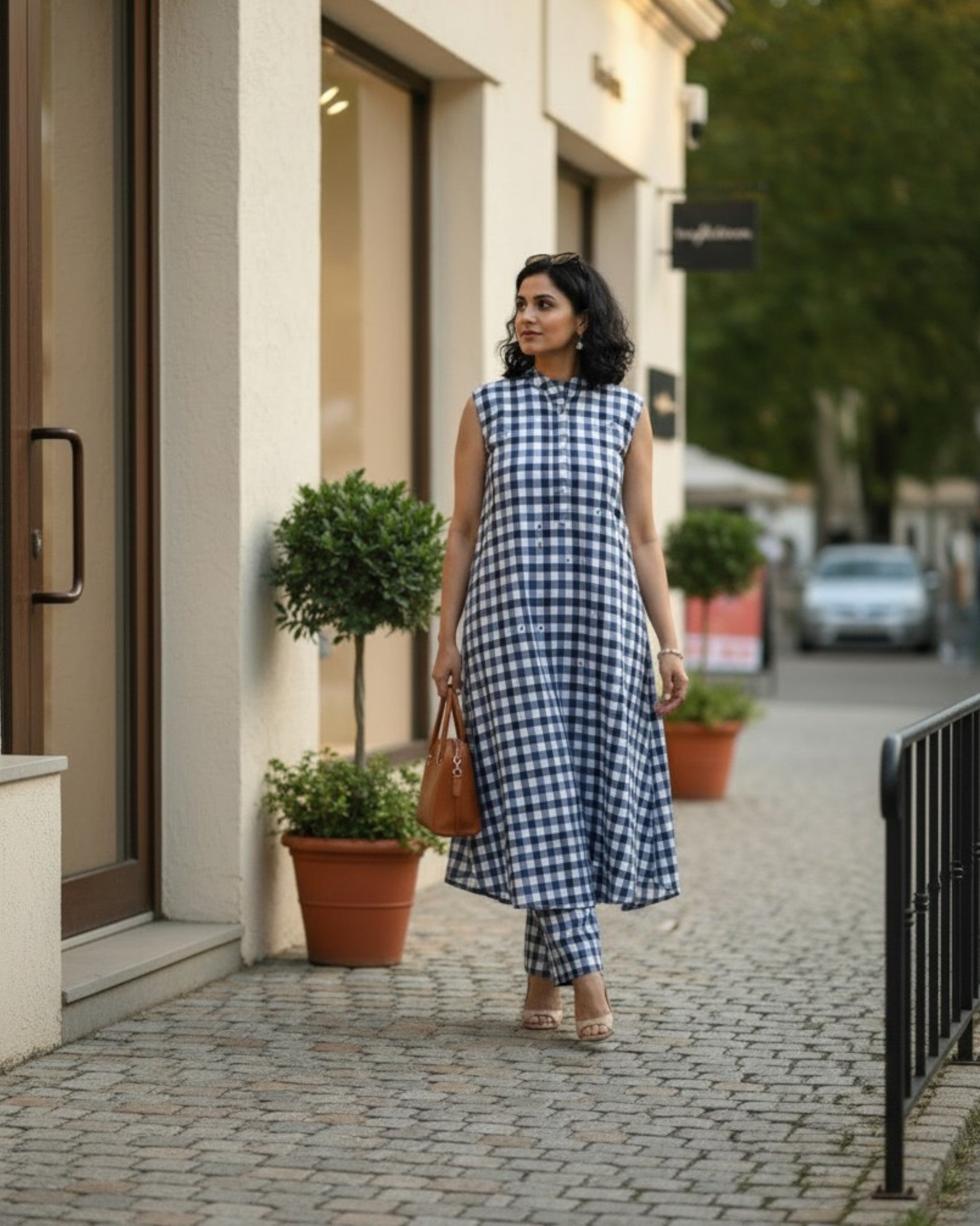 Gingham Long Sleeveless Cotton Kurta Set – Indigo Checks Print