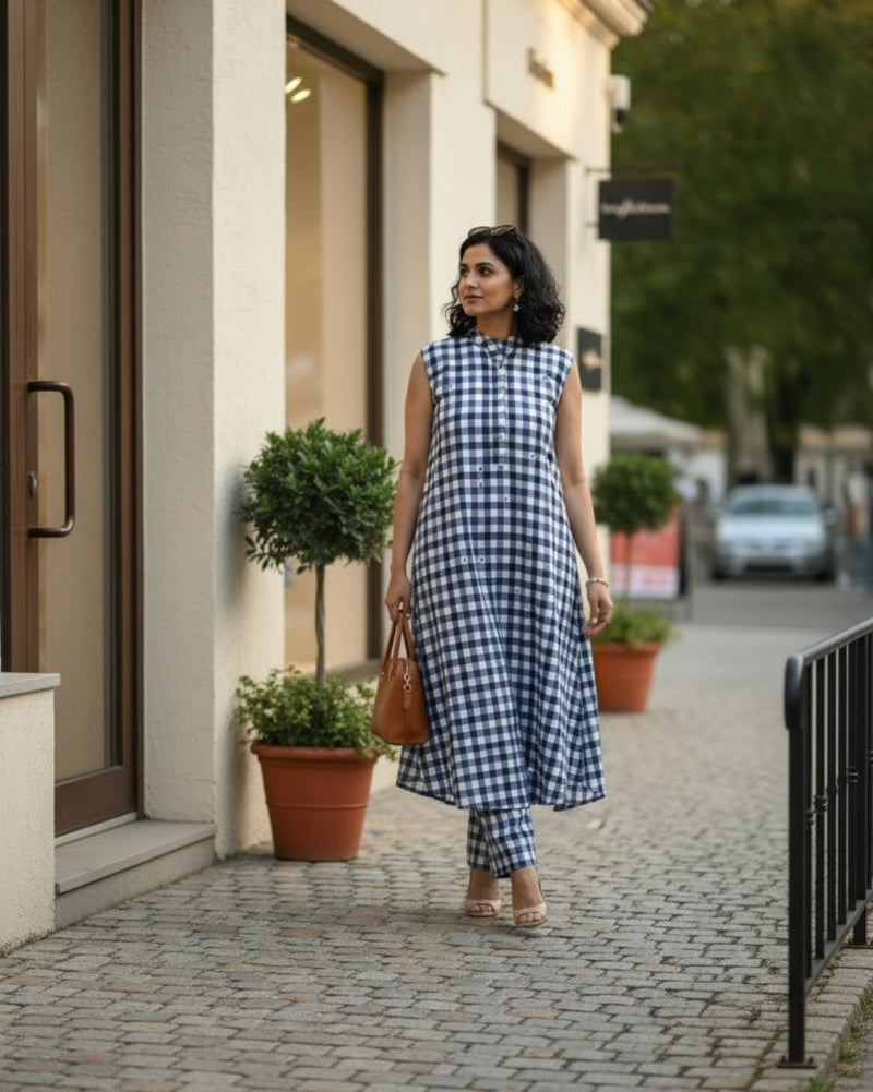 Gingham Long Sleeveless Cotton Kurta Set – Indigo Checks Print