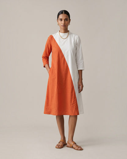 Rustline Colorblock Zipped Midi Flared Dress - White & Rust