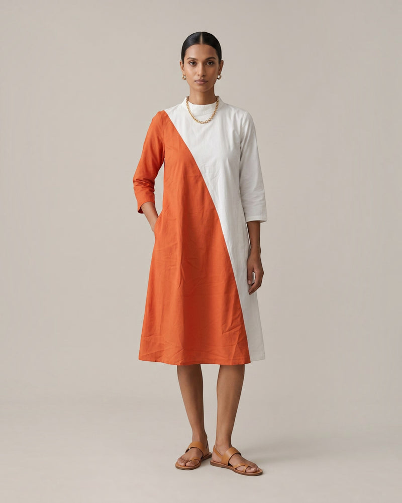 Rustline Colorblock Zipped Midi Flared Dress - White & Rust