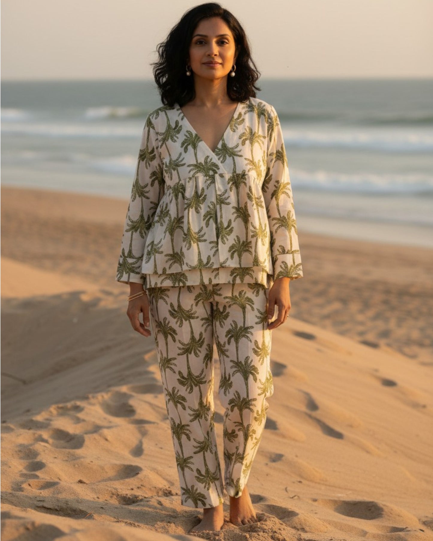 Tropical Short Front Slit Cotton Coord Set – White & Olive Print